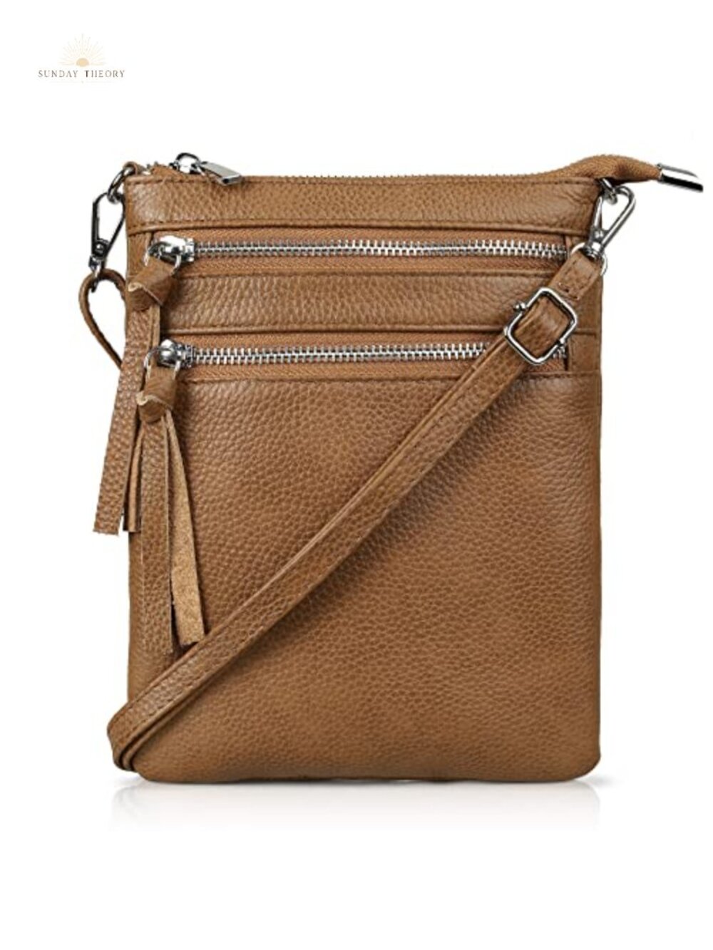 Small Genuine Pebble Grain Leather Crossbody Purse Multi Zip Pockets